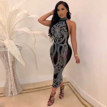 

New Arrival 2019 Summer Solid Color Off Shoulder Sleeveless See Through Rhinestone Sexy Women Dresses Slim Midi Dresses
