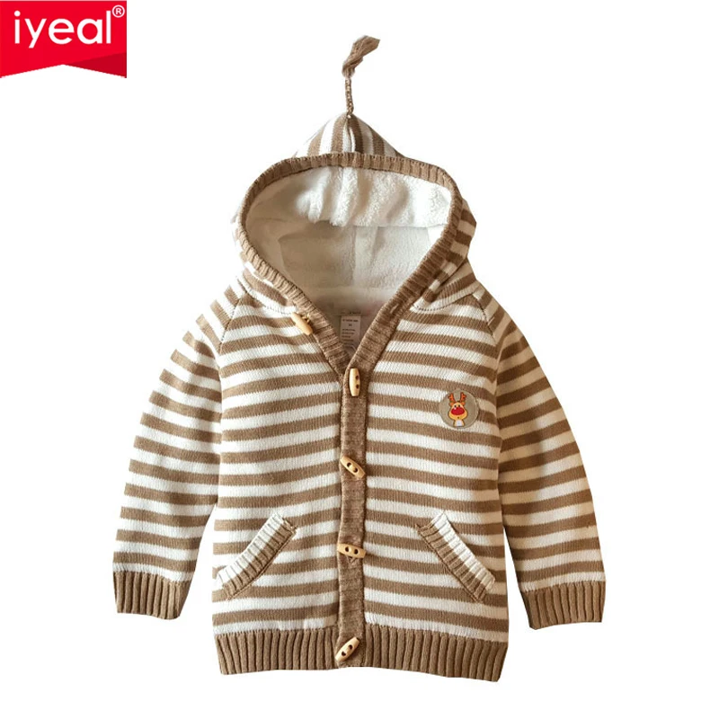 

IYEAL New Children Baby Clothing 2018 Winter Hooded Sweaters Thick Warm Long Sleeve Boys Girls Outerwear Kids Striped Knitwear
