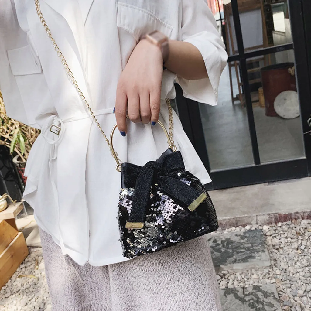Женский модный металлический для сумочки с бантом и блестками, сумка-мессенджер на цепочке, сумка-мешок с бантом и блестками, прозрачные сумки Apr10