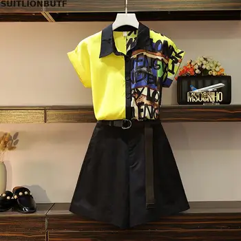 

5xl Plus Size 2 Piece Set Women Multi-color Stitching Letter Print Turn-down Collar Short Sleeve Blouse & Belt Wide Leg Shorts
