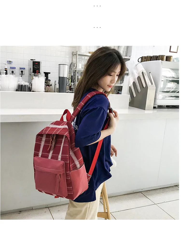 Модный женский холщовый рюкзак, простые клетчатые школьные сумки для девочек, девушек, подростков, повседневные милые дорожные сумки, школьный рюкзак Красного цвета