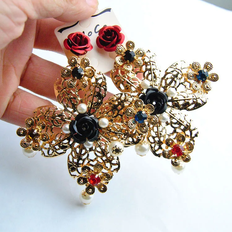 

women fashion queen vintage baroque royal rose flower beads hollow metal carved statement dangle earrings wedding party Jewelry