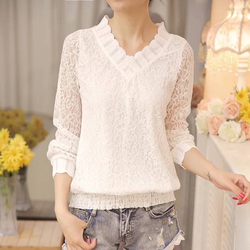  2018 new arrived autumn women blouse long sleeve V collar lace shirt woman sweet temperament trim s