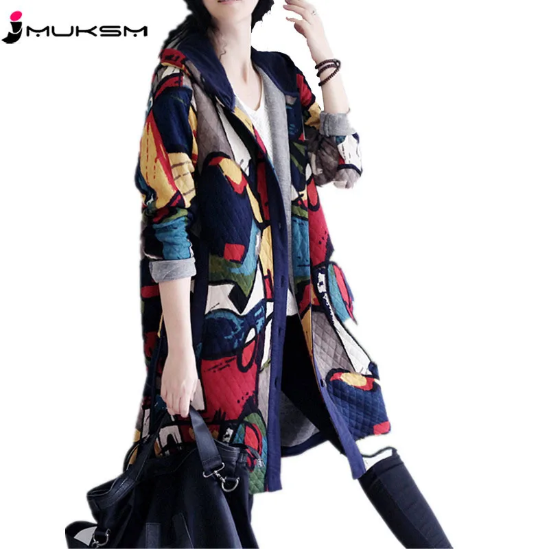 

National style Printed winter cotton jacket coat women's Long hooded button female parka jackets Warm winter coats outer YZ821