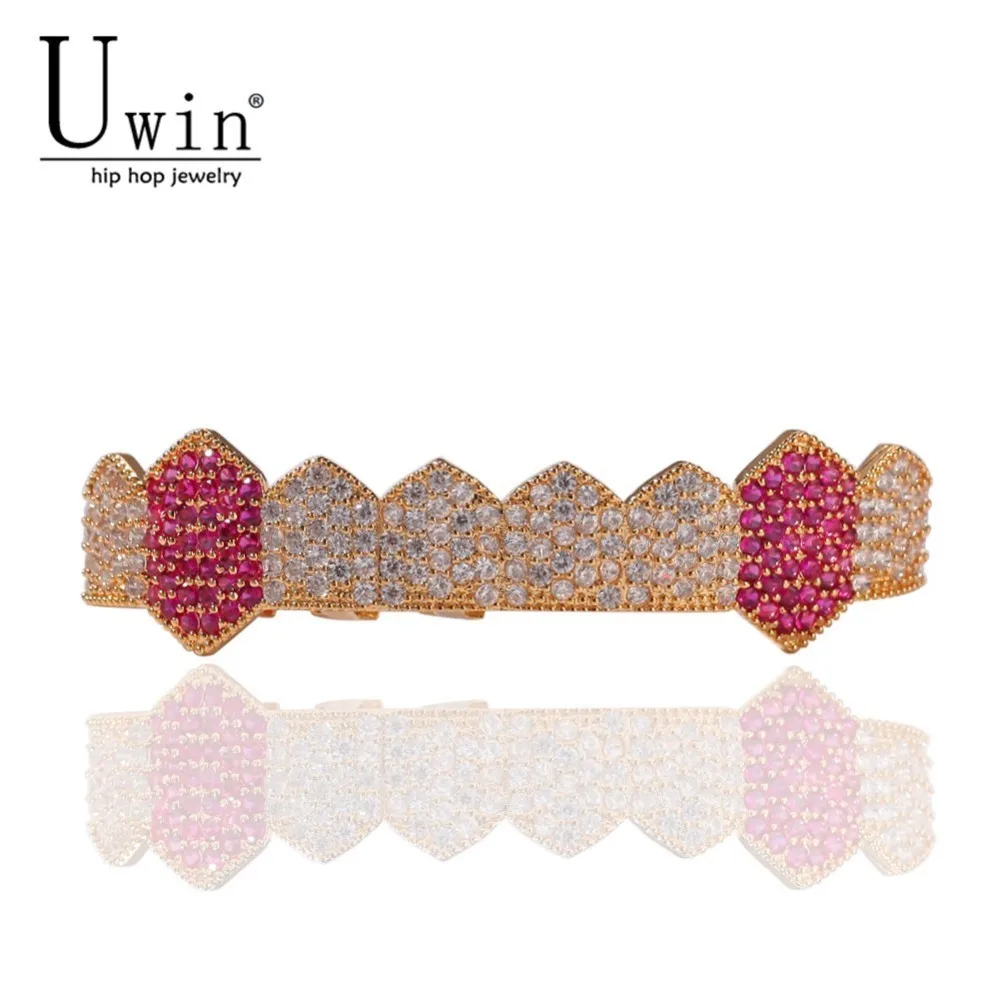 

UWIN Vampire Teeth HipHop Grills Rose Red Iced Out AAA Zircon Micro Pave Mouth Grills Caps Bottom Men Women