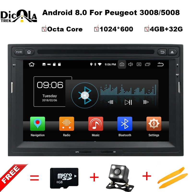 

7" GPS navigation Android 8.0 Car DVD Player for Peugeot 3008/5008 2009 2010 2011 2012 2013 2014 2015 with Radio BT WIFI SWC GPS