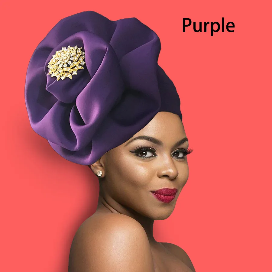 Women turban cap fashion flower decorate traditional African headtie solid headwrap cap (6)