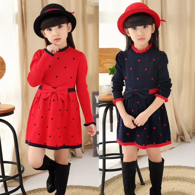

2018 Fall Clothing Dresses Girls Fashion Print Long-Sleeve Knitted Wool Sweater Dress Female Kids Casual Knitwear One-Piece G296
