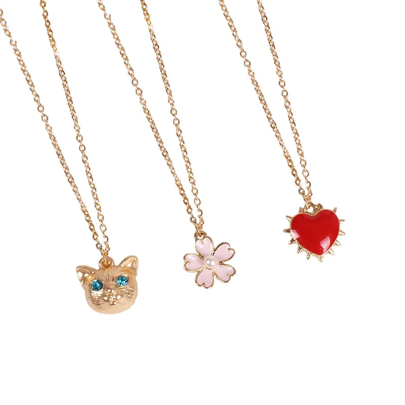 10PCS/Lot Japanese Necklace Cute Golden Cats Pink Sakura Peach Heart Necklace For Female
