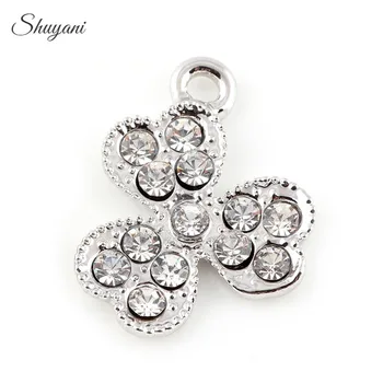 

20PCS New Silver Tone Crystal Rhinestone Three Leaf Clover Charms Pendant for Jewelry Making DIY Accessories 21*16mm