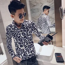 Корейская одежда мужская Осенняя новая рубашка Мужская сексуальная леопардовая Печать Мужская рубашка с длинным рукавом приталенная Повседневная рубашка-смокинг мужская