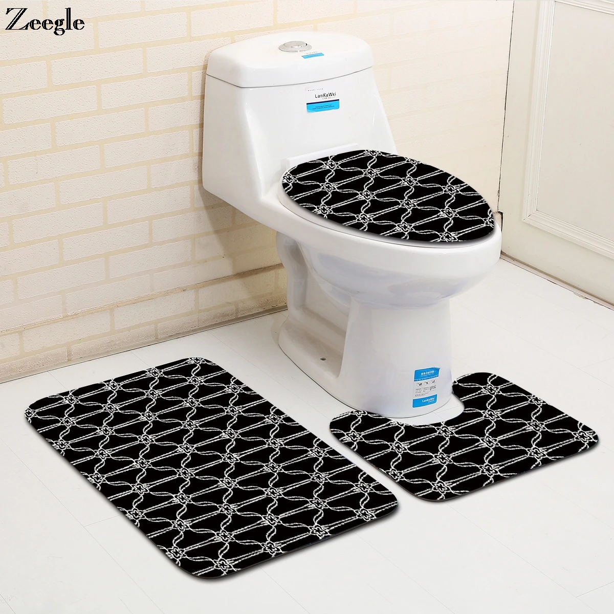 

Zeegle European Pattern 3Pcs Toilet Rug Set Bathroom Carpet Set Non-slip Floor Mats Absorbent Bath Mats Sponge Lid Toilet Cover