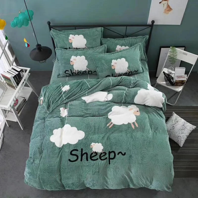 Lovely Sheep 4PCS Flannel Stripe Printing Bedding Sets ...