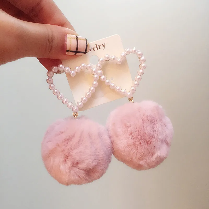 

Rabbit Fur Ball PomPom heart Earrings for Women Unique Soft Pom Pom tiny stimulate pearl Earring Jewelry Cute Christmas Gift