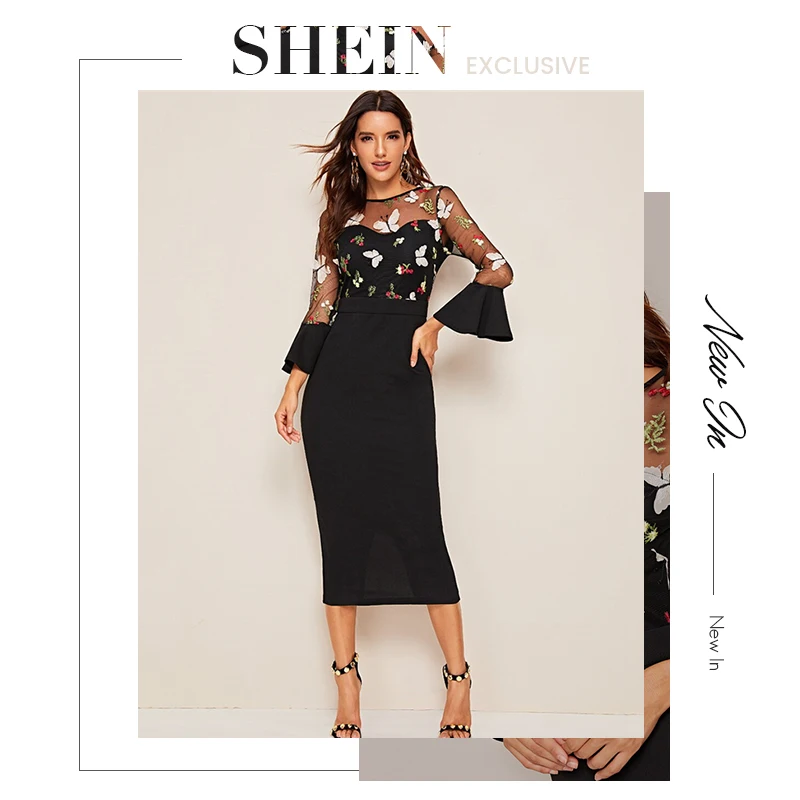 SHEIN Черное длинное платье-карандаш с объемной аппликацией и вышивкой в сеточку, осень, приталенные элегантные платья с рукавами-воланами и высокой талией