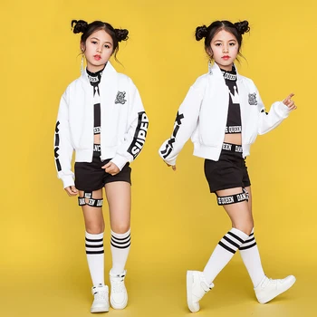 

Children Hip Hop Dance Costumes Kids Street Dance Clothing White Jacket Black Vest Shorts Girls Dancewear Stage Outfit DN1740
