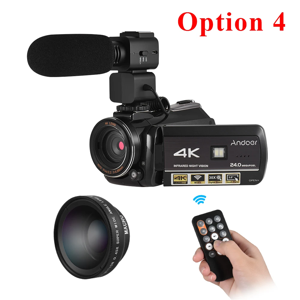 Andoer Профессиональная цифровая видеокамера 4K UHD 24MP Camara Camcorder w/0.39X широкоугольный объектив бленда внешний микрофон - Цвет: With 0.39x Lens Mic