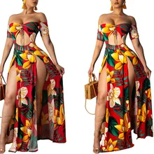女性自由奔放に生きる花柄オフショルダー半袖フロント中空スプリットロングマキシドレスイブニングパーティービーチドレス夏のサンドレス(China)