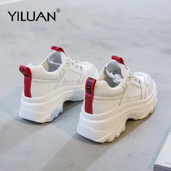 

Yiluan Striped Sneakers women Platform Shoes 2020 Autumn White Casual Shoes woman flat Leather Increase 7cm Student Small size