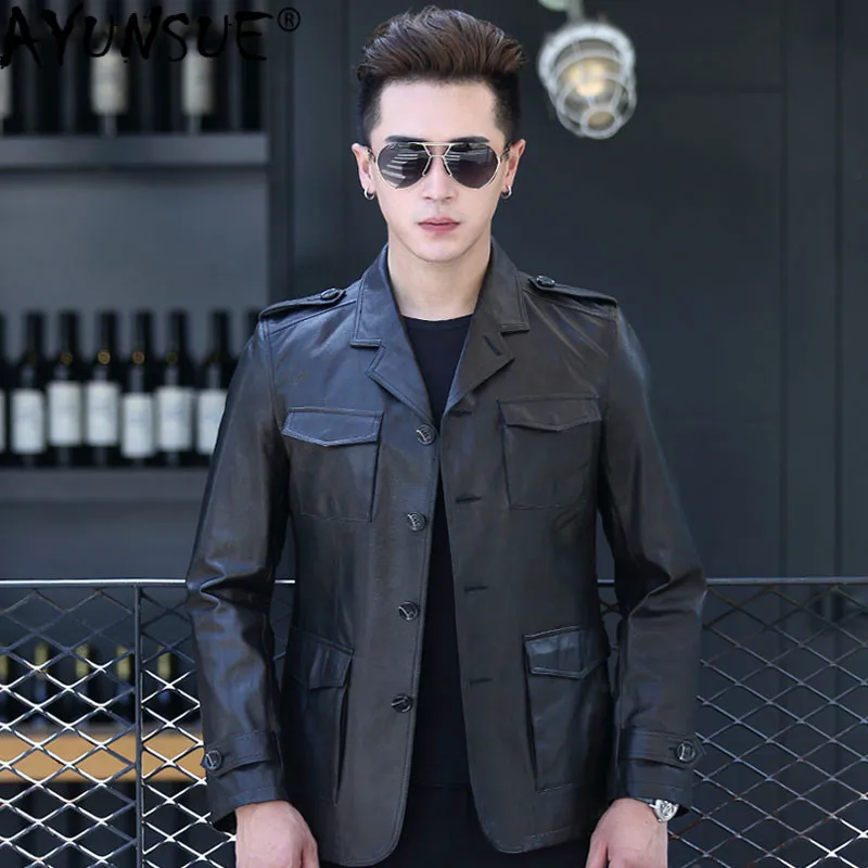 

AYUNSUE 2019 Real Goatskin Leather Coat Spring Autumn Genuine Leather Jacket Men Blazer Slim Suit Collar windbreaker D-178086