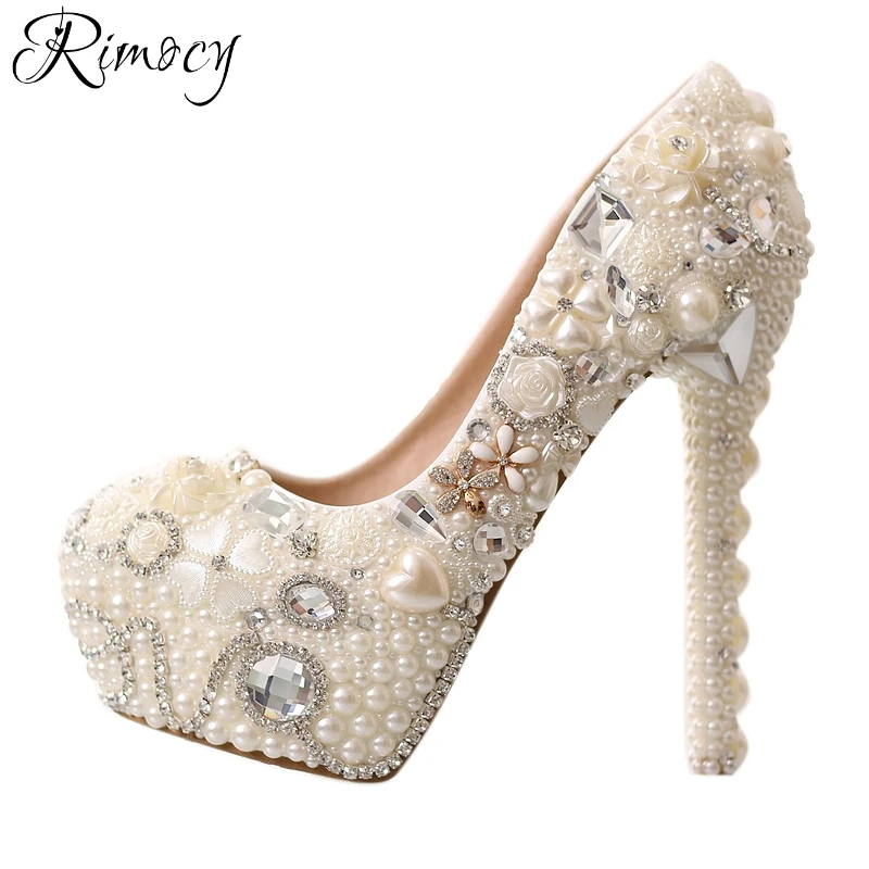 

Rimocy handmade pearls women's wedding pumps white red white crystal floral custom thin high heels bride shoes woman party shoes