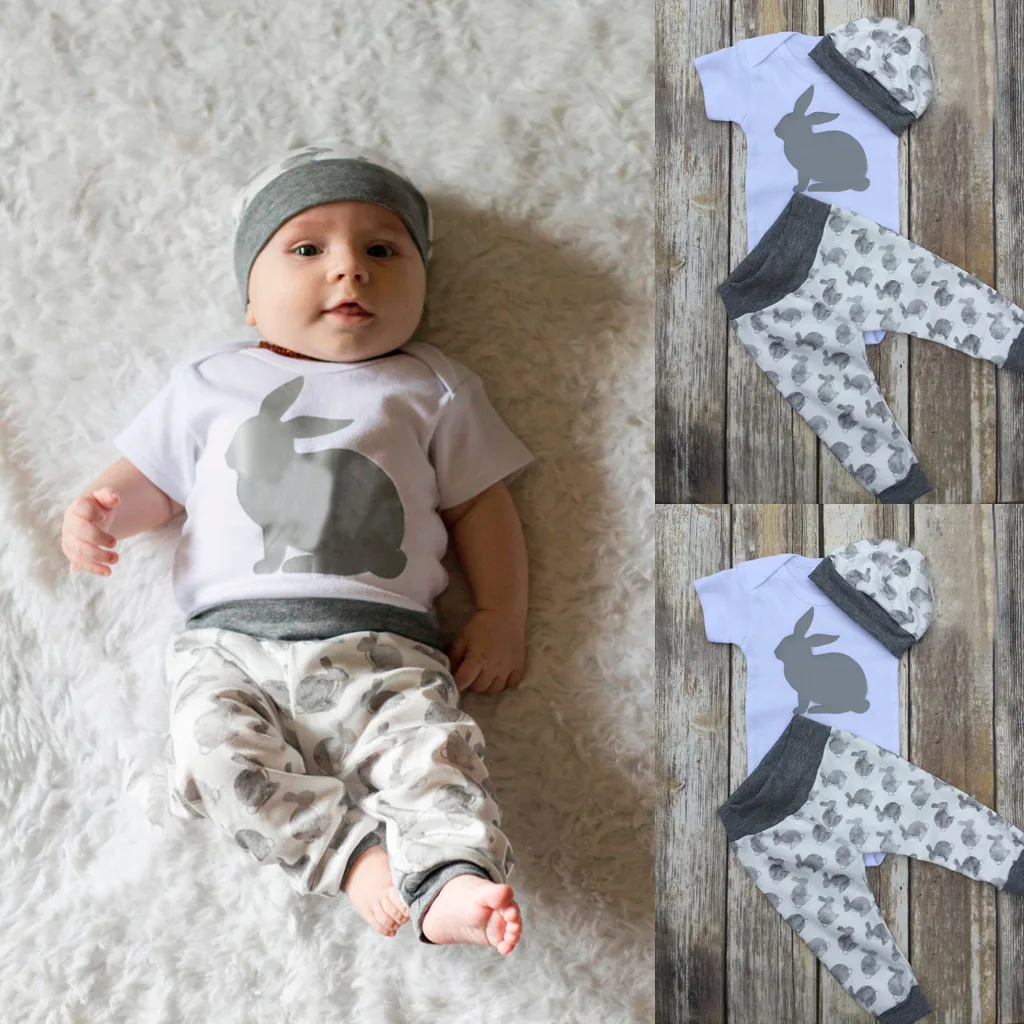 

3PCS Newborn Cute Baby Girls Boys Cartoon Short Sleeve Bunny Rabbit Print Outfits Romper Hat Long Pants Set Soft Clothing Sets