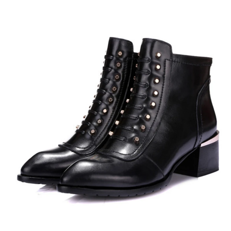 

Women's ankle boot Real leather pointed toe rivet After zipper Pure color black Autumn boots shoes women big yard size 34-41