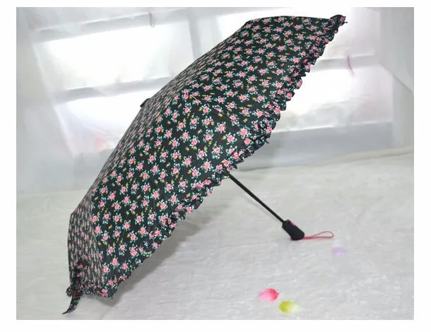 RST полностью автоматический плиссированный кружевной зонт и маленькие цветы - Цвет: Черный
