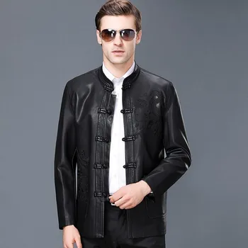 

Spring Male Business Leather Jacket Clothing Men's Suit Collar Single Chinese Button Breasted Genuine Leather Coat Tang Suit