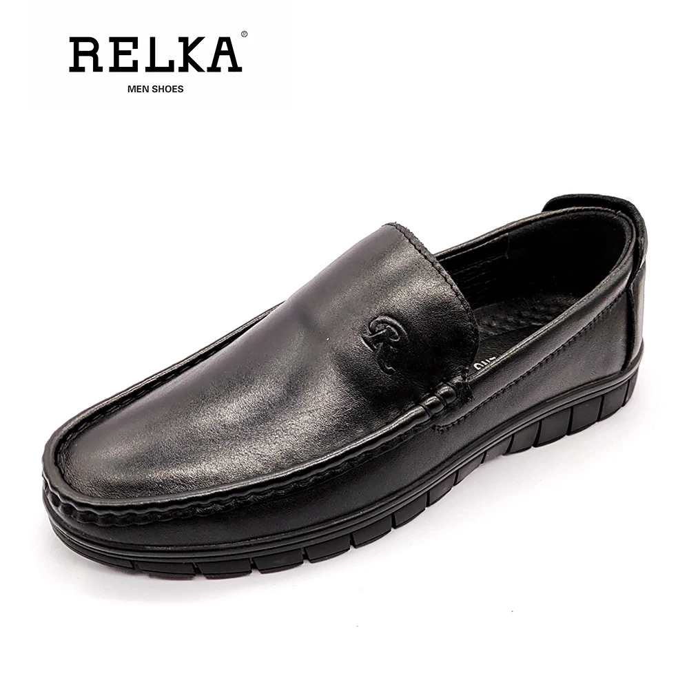 

RELKA Fashion Man Vintage Pumps High Quality Genuine Leather Retro Round Toe Thick Heel Shoes Solid Casual Slip-On Pumps P47
