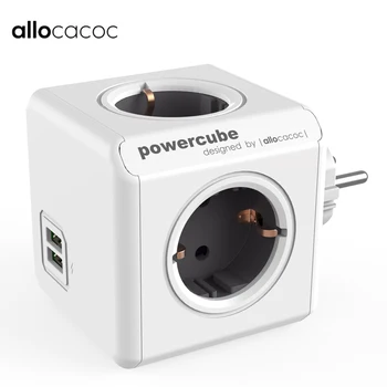 

Allocacoc Original PowerCube Socket DE Plug 4 Outlets Dual USB Ports Power Strip Extension Adapter Multi Switched Socket Gray