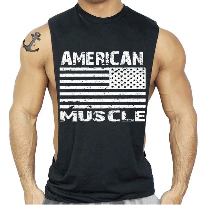 

Casual New clothing Bodybuilding Fitness Men American Muscle Workout Gymvest Tank Top US USA Flag Tee Muscle Undershirt
