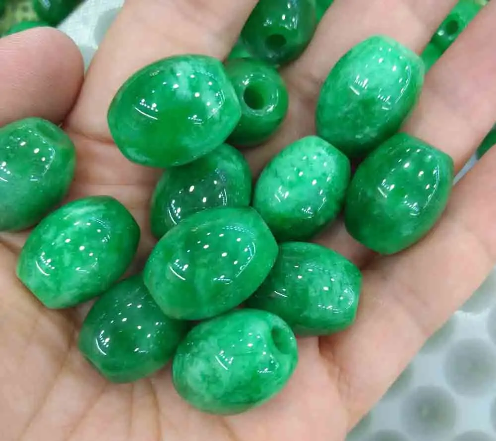 Large Hole 10pcs Emeral Green Jade Gemstone Rice Barrel beads for