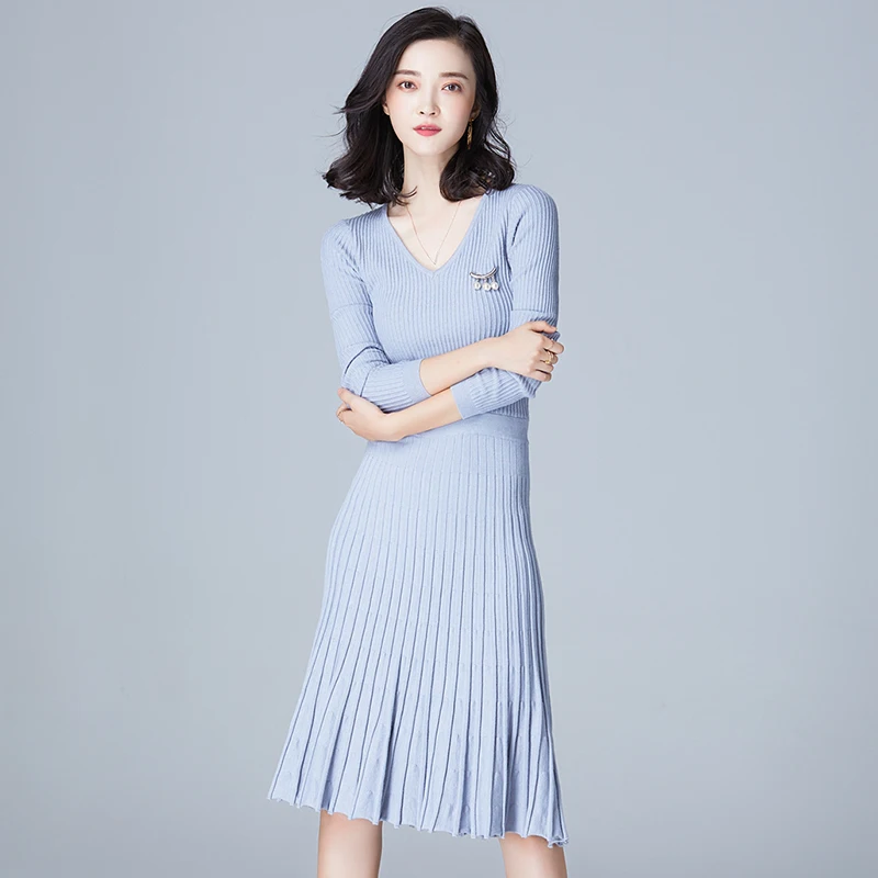 

2018 Autumn Winter Women knitted Dress lady V-neck long sleeve Sweater Dresses
