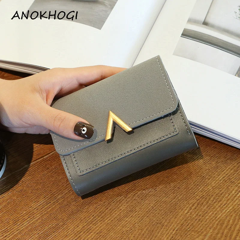 Solid Leather Small Women Wallet Mini Ladies Metal V Purses Short Female Coin Purse Credit Card Holder Wallets for Women B246