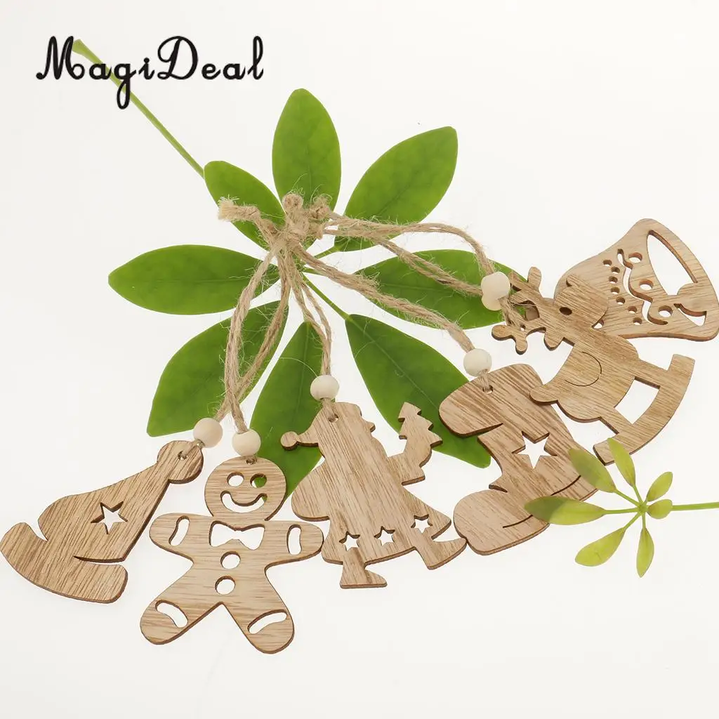 MagiDeal Excellent 6Pcs/Lot Differ Shape Wooden Christmas Tree Home Party Decorations for Xmas Hanging Ornaments Craft Projects