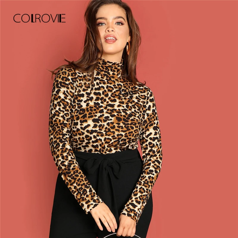 COLROVIE размера плюс Леопардовый принт водолазка облегающая Сексуальная футболка женская одежда зимняя рубашка с длинным рукавом Женские топы Футболка