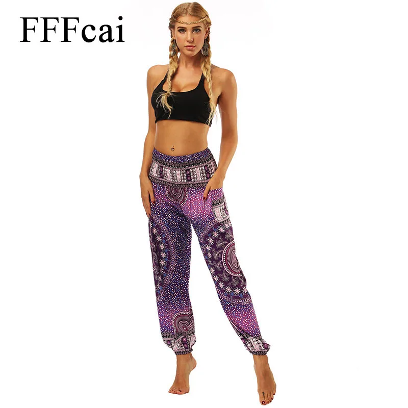 

FFFcai Summer Beach Bohemian Harem Yaga Pants Women's High Waist Loose Vintage Floral Print Bloomers Trousers Sport Pants Women