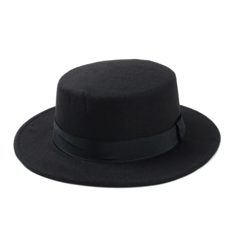 Шерсть зима весна ребенок фетровая шляпа для мальчика Gir плоский купол Овальный верх котелок Панама Porkpie шляпа от солнца 25 - Цвет: Black