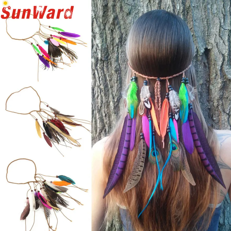 

SunWard Fashion Bohemian Festival Feather Headband Hippie Headdress Hair Accessories Boho Peacock Feather Headdress For Women*23