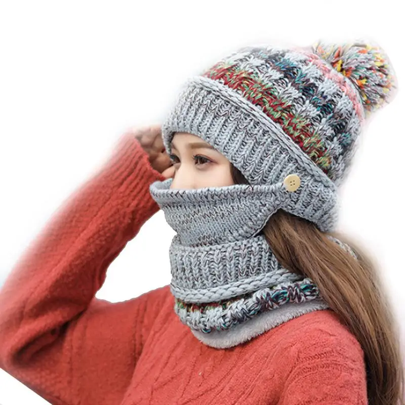 Флисовая подкладка для женщин вязаная шапочка шарф Набор для девочек зимняя Лыжная шапка с ушанками - Цвет: Gray