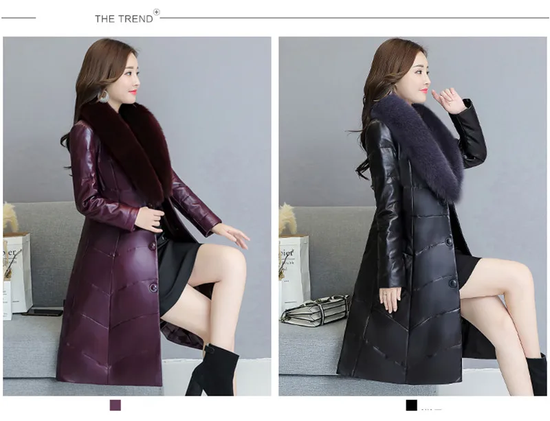 New Fashion Autumn Winter Women Leather Jacket Slim Parka Overcoat Female Faux Fur Collar Plus Size Long Fur Coats A1362