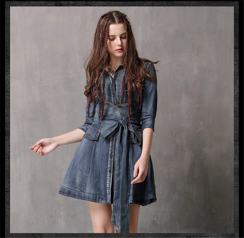 Vintage Summer Sashes Dress 2018 New Denim Three Quarter Sleeve  Dresses Turn-down Collar A-line Single Breasted Vestios (8)