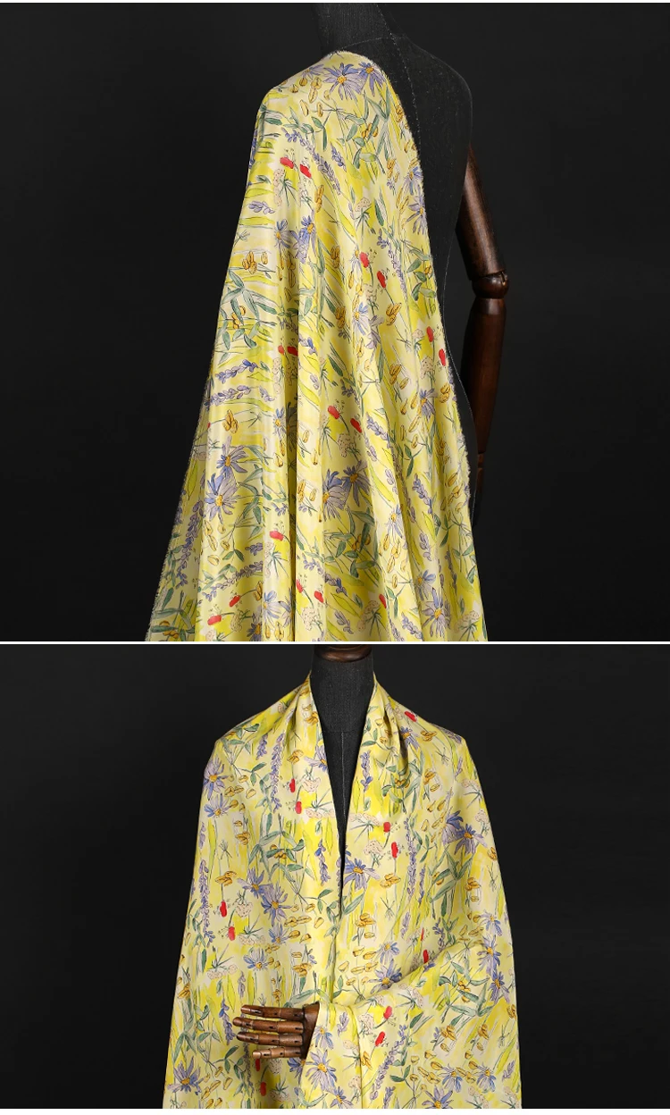 110 см Ширина 16 мм ромашки желтый шелк тутового цвета крепдешин ткань для женщин летние платья блузка швейная DIY-AF652