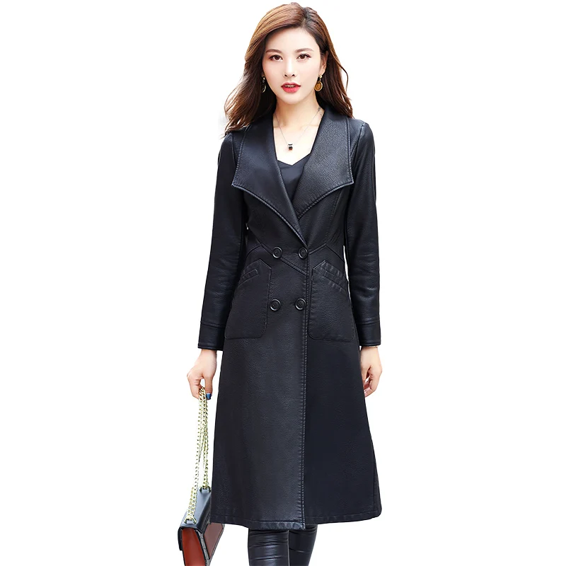HETOBETO Autumn Spring Women Long Leather Jackets New