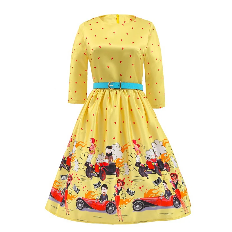 Kostlich Summer Hepburn Vintage Dress Women Big Swing Dress Casual O-Neck Half Sleeve Patchwork Floral Print Dresses With Belt (8)