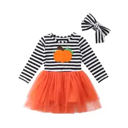 Хэллоуин детская одежда для маленьких девочек Тыква печати тюль платье для девочек с длинным рукавом Мини-платье принцессы повязка на
