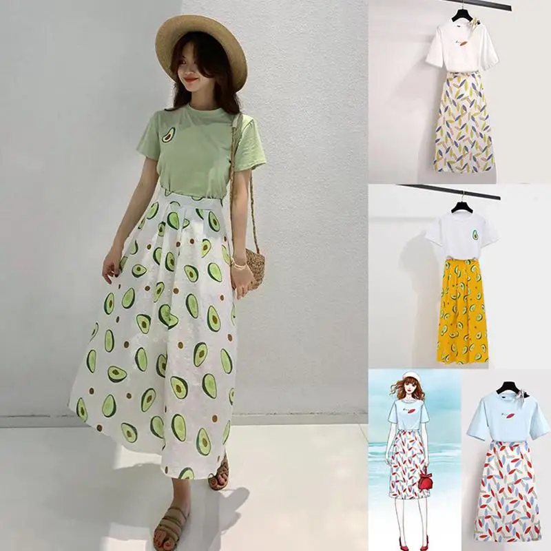 Yfashion 2 шт./компл. Женская мода хлопковая Футболка авокадо печатная плиссированная
