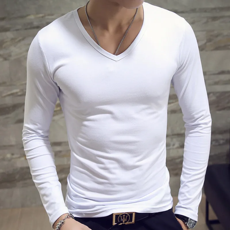 Мужские осенние футболки с длинными рукавами, пуловер с v-образным вырезом, приталенный Повседневный минималистичный Мужской Топ FDC99 - Цвет: Белый