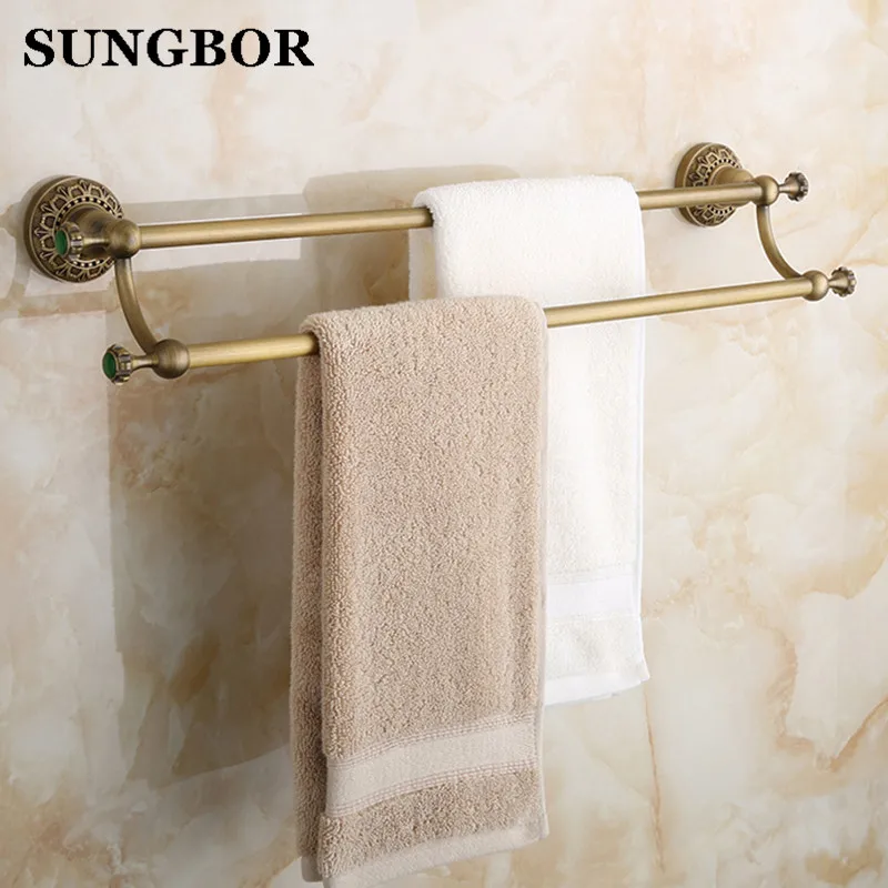 Antique brass Double towel bar bathroom green stone towel rack wall